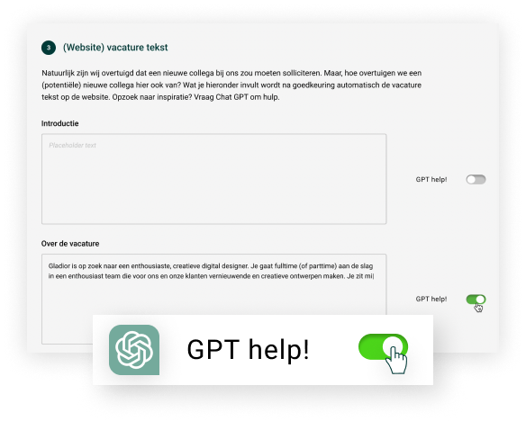 Element vanuit de applicatie waarin je ziet dat met een vinkje, eenvoudig Chat GPT ingezet kan worden om een vacature tekst te schrijven.