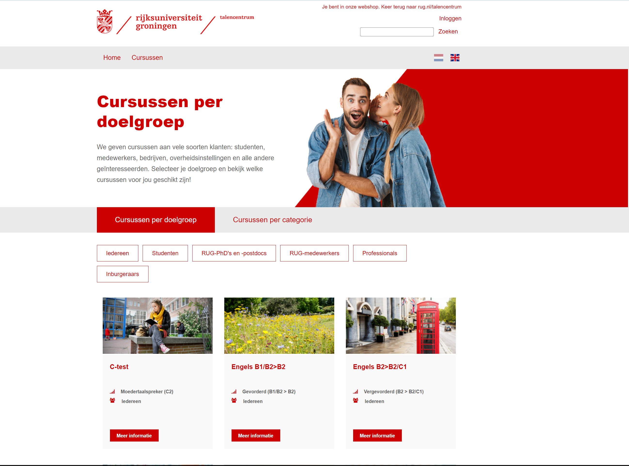 De cursusoverzicht pagina op de website van het Talencentrum van de RUG