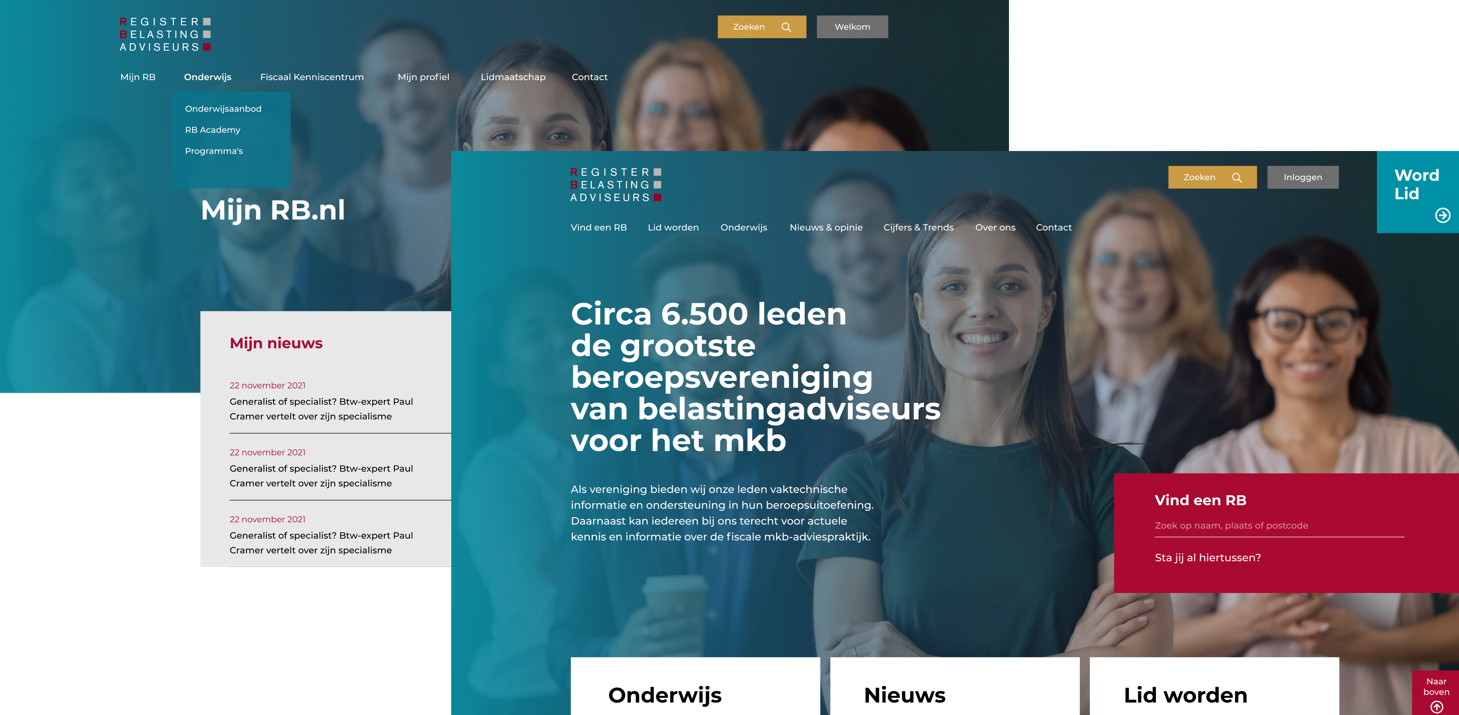 Homepagina's van de website en het ledenportaal