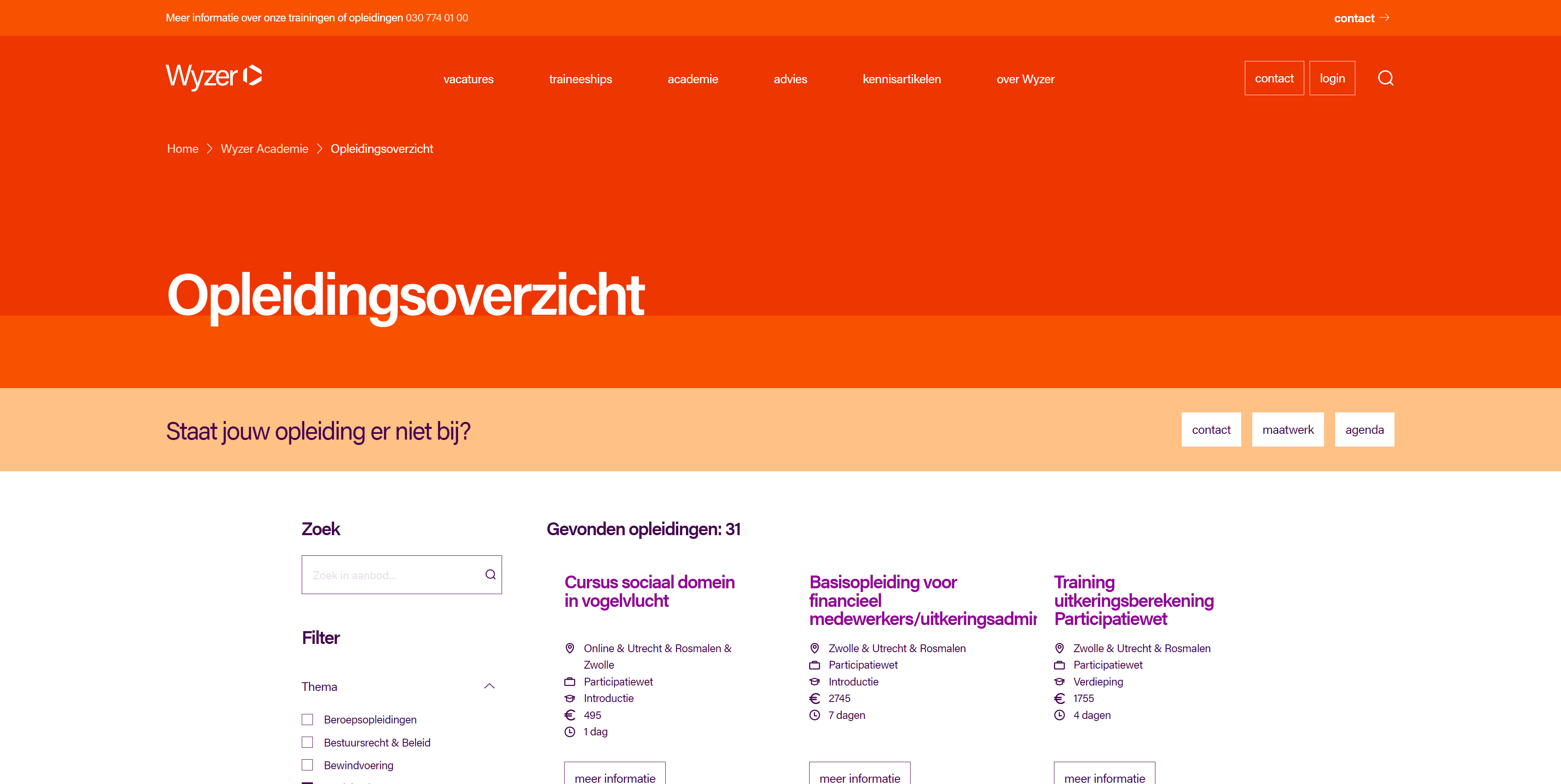 Opleidingoverzicht pagina, gekoppeld aan AFAS op de website van Wyzer.