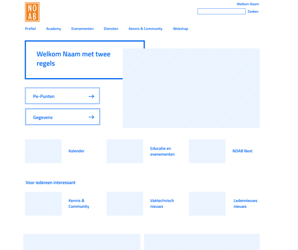 Wireframe voor de homepagina van het ledenportaal